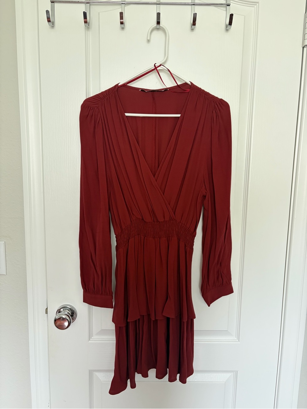Zara Deep Wine Red Long-Sleeve V-Neck Smocked Waist Dress